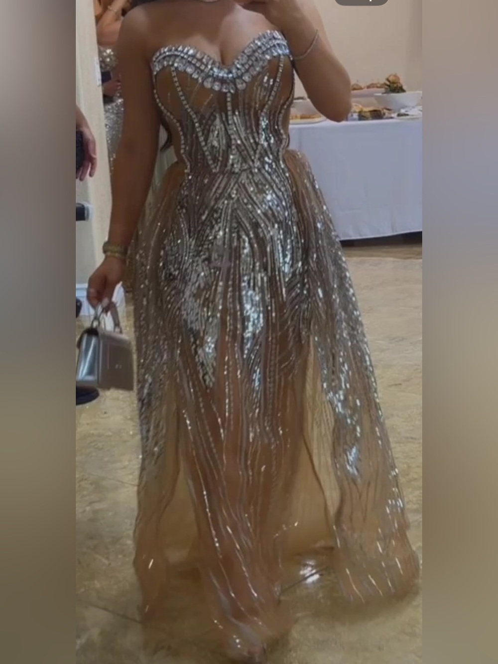 Sequin Embellished Champagne Evening Gown